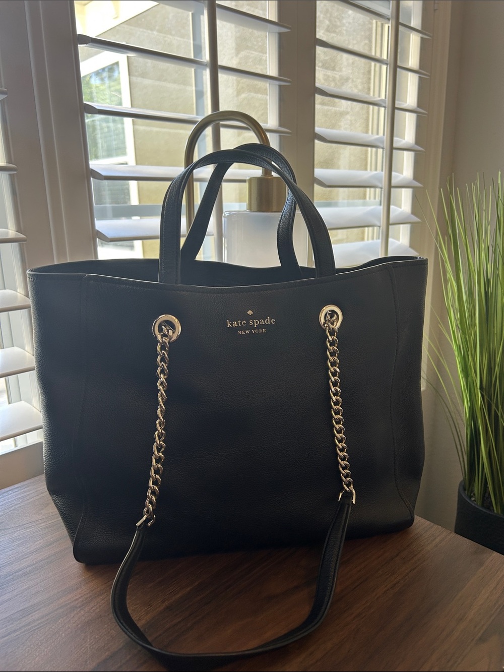 kate spade Infinite Black Pebbled Leather Tote with Silver Chain Straps